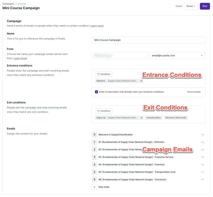 Automated email campaign in Podia