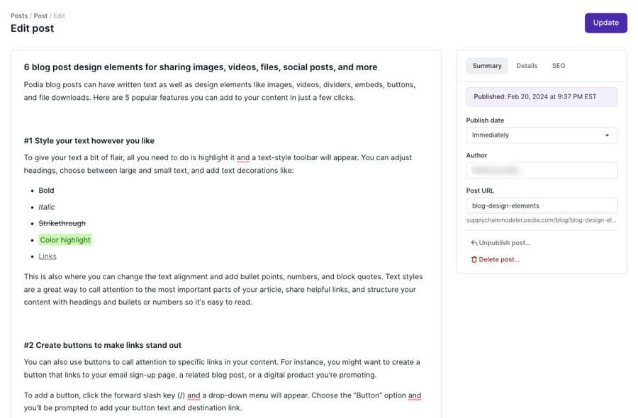 Editing a blog post in Podia