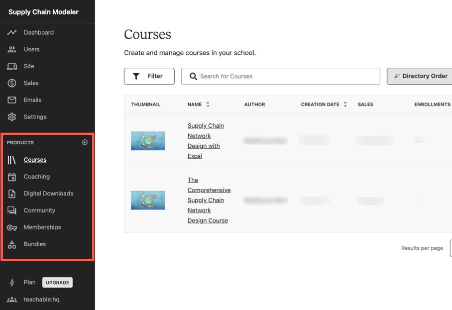 Teachable's admin interface
