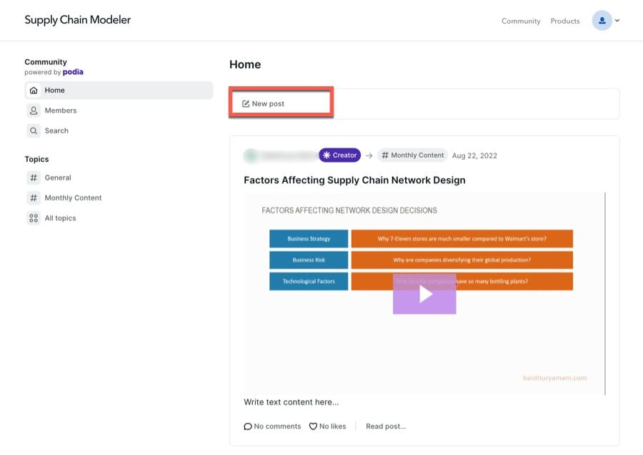 A sample community built on Podia